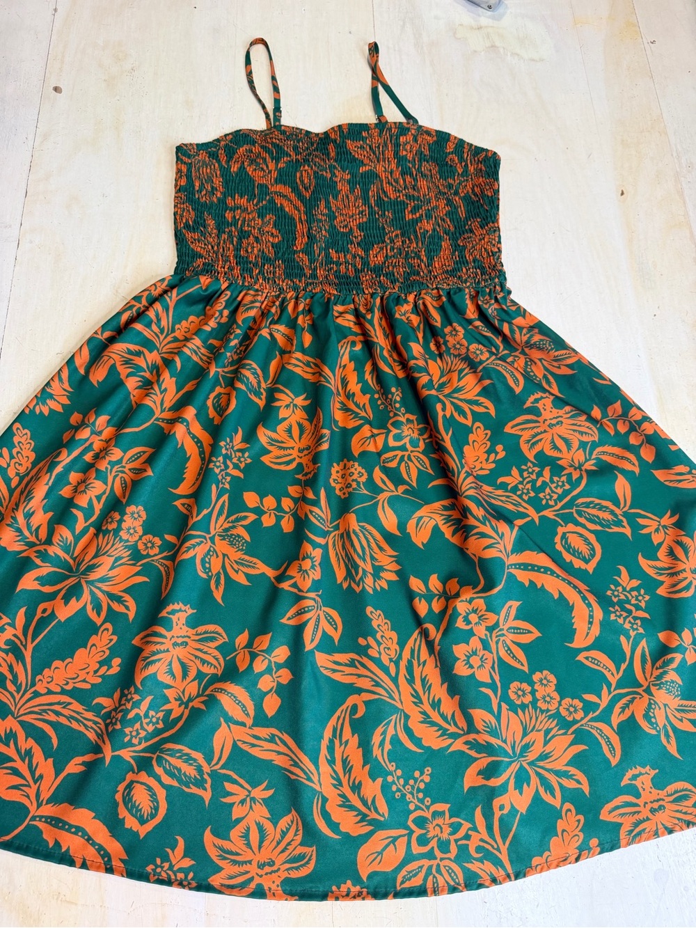 SHEIN Green & Orange Floral Smocked Mini Dress